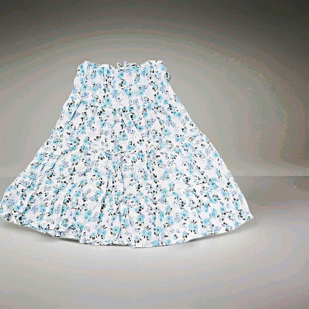SO Girls S (6/7) White/Blue/Green Floral Tiered Knee Skirt Ruffle Elastic